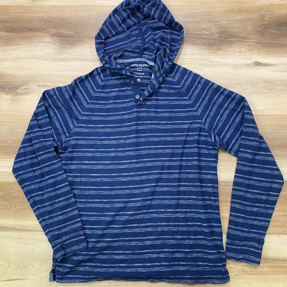Banana Republic Henley Hoodie Size M Striped Cotton Blend Raglan Blue